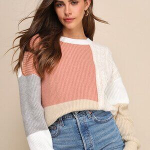 Lulus Adorable Expression Ivory Multi Color Block Cable Knit Sweater White